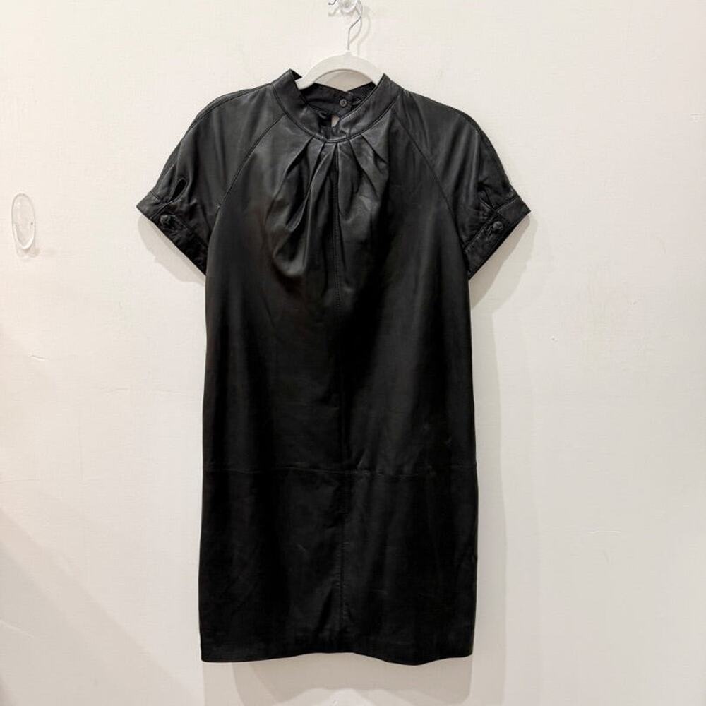 Zara Short Sleeve Pleated Trim High Neck Leather Mini Dress Black Women's Size M - Picture 1 of 4